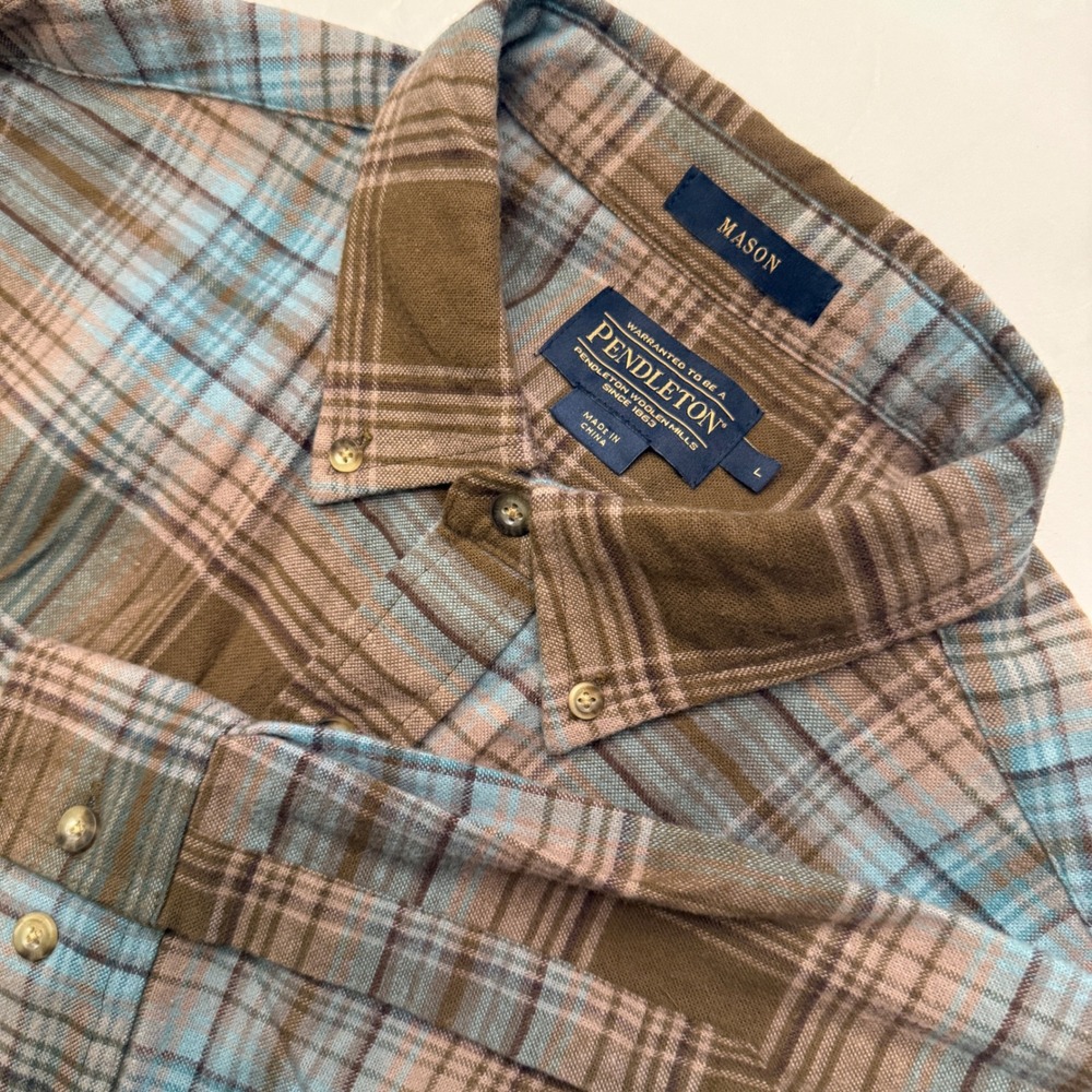 Pendleton Mason Mens Large Brown Blue Plaid Button Down Flannel Shirt L Long Slv